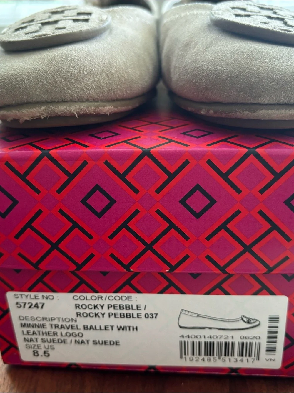 Tory Burch Minnie Suede Travel Ballet Flats in Rocky Pebble